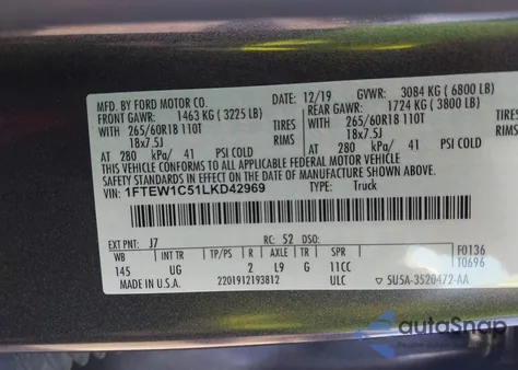 2020 Ford F-150 Xlt из США, поврежденный, VIN 1FTEW1C51LKD42969